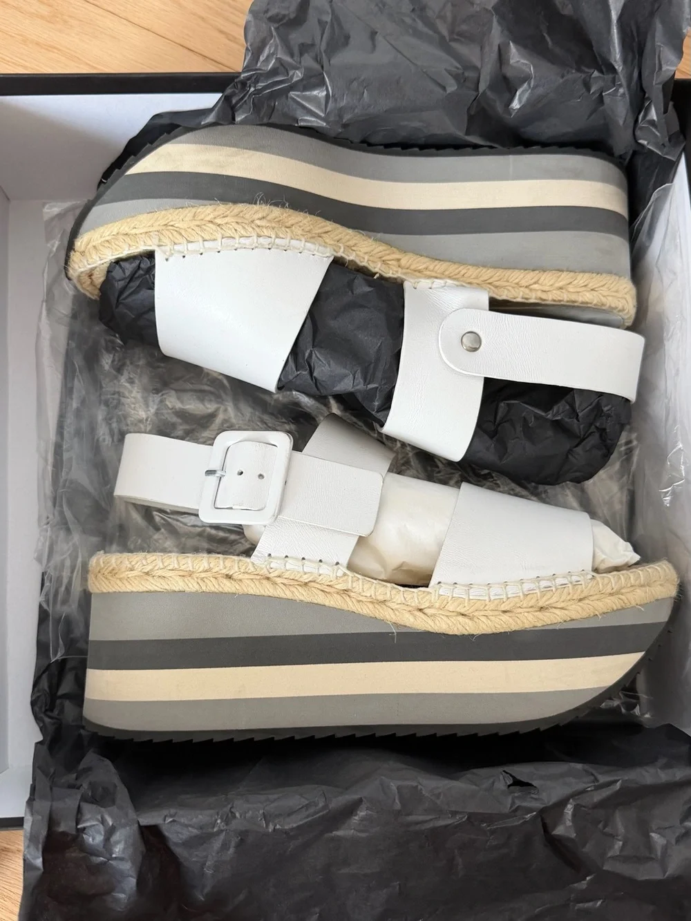 Paloma Barcelo White Leather Platform Espadrille Wedges with Striped Sole